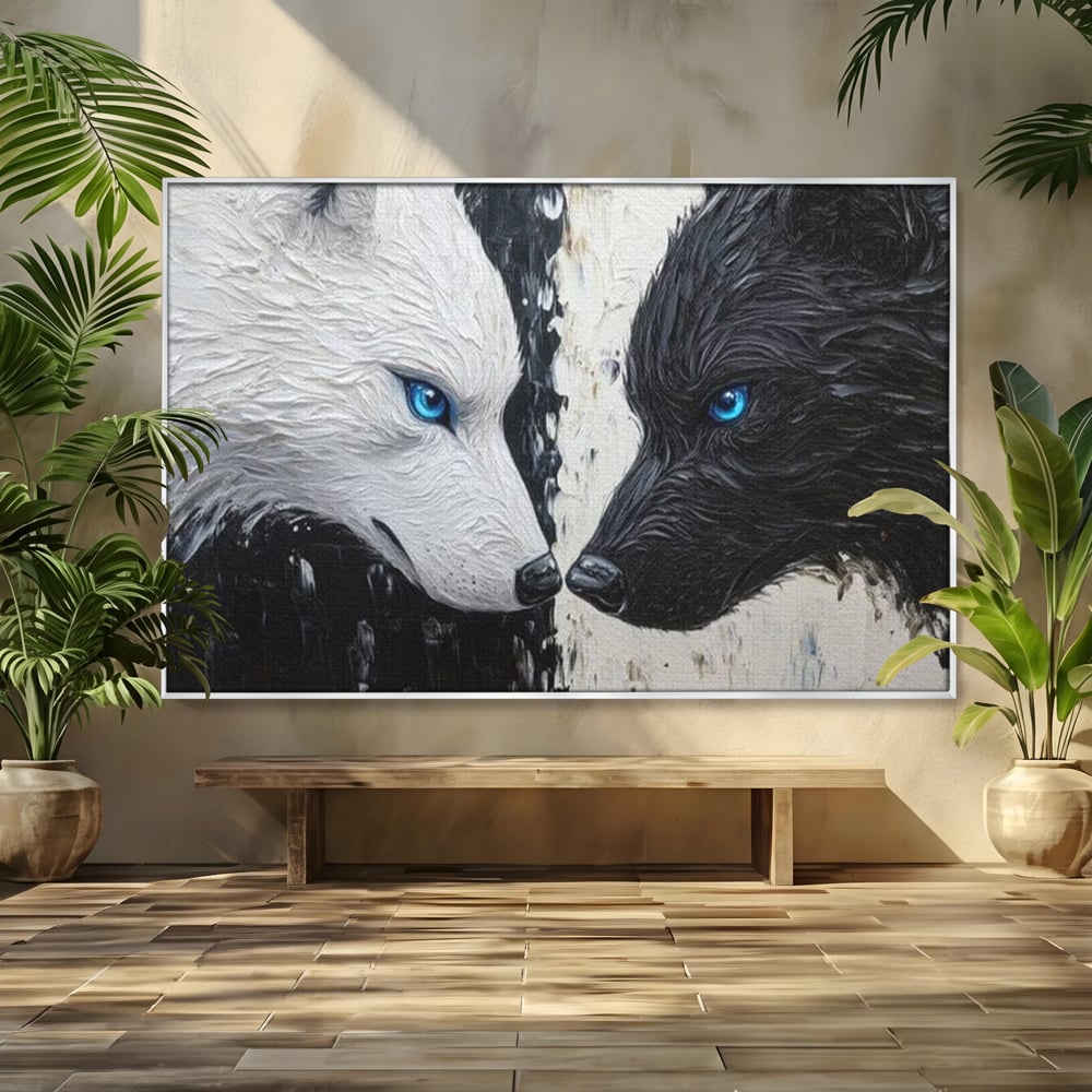 Tablou canvas cu tablou canvas cu doi lupi, in rama de aluminiu argintiu